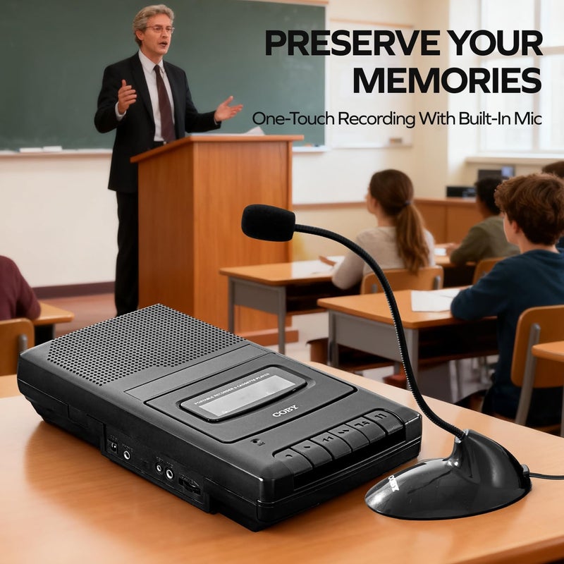 COBY Portable Cassette Player & Recorder with Standing Microphone – Retro Shoebox Tape Recorder with Built-in Speaker, Aux Input, Headphone Jack & Dual Power (Battery/AC) – Classic Black Audio Device - Image 3